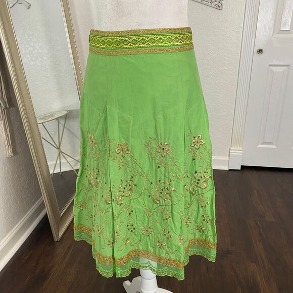 Express Ethereal Fairy Core Green Cotton Gold Thread Sequin Lace Midi Skirt S - Picture 3 of 8
